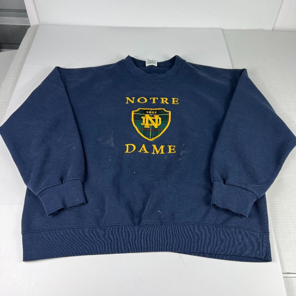 VTG 90s Nutmeg Notre Dame Fighting Irish Sweatshirt Large Blue Stained Crewneck